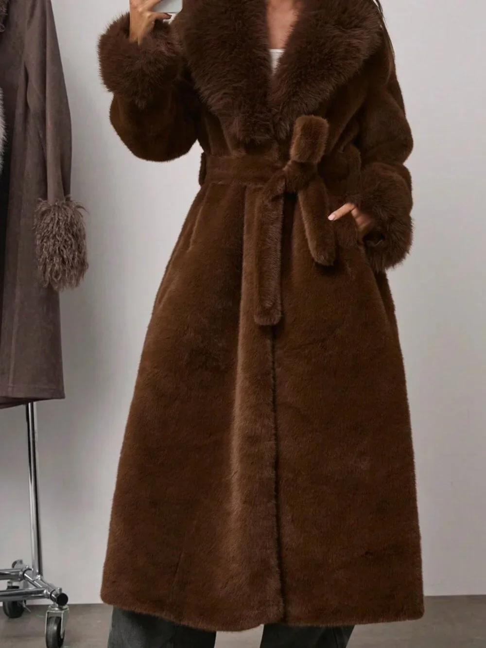 Mocha Brown Women's Shawl Collar Long Sleeve Pocket Belt Faux Fur Trench Coat
